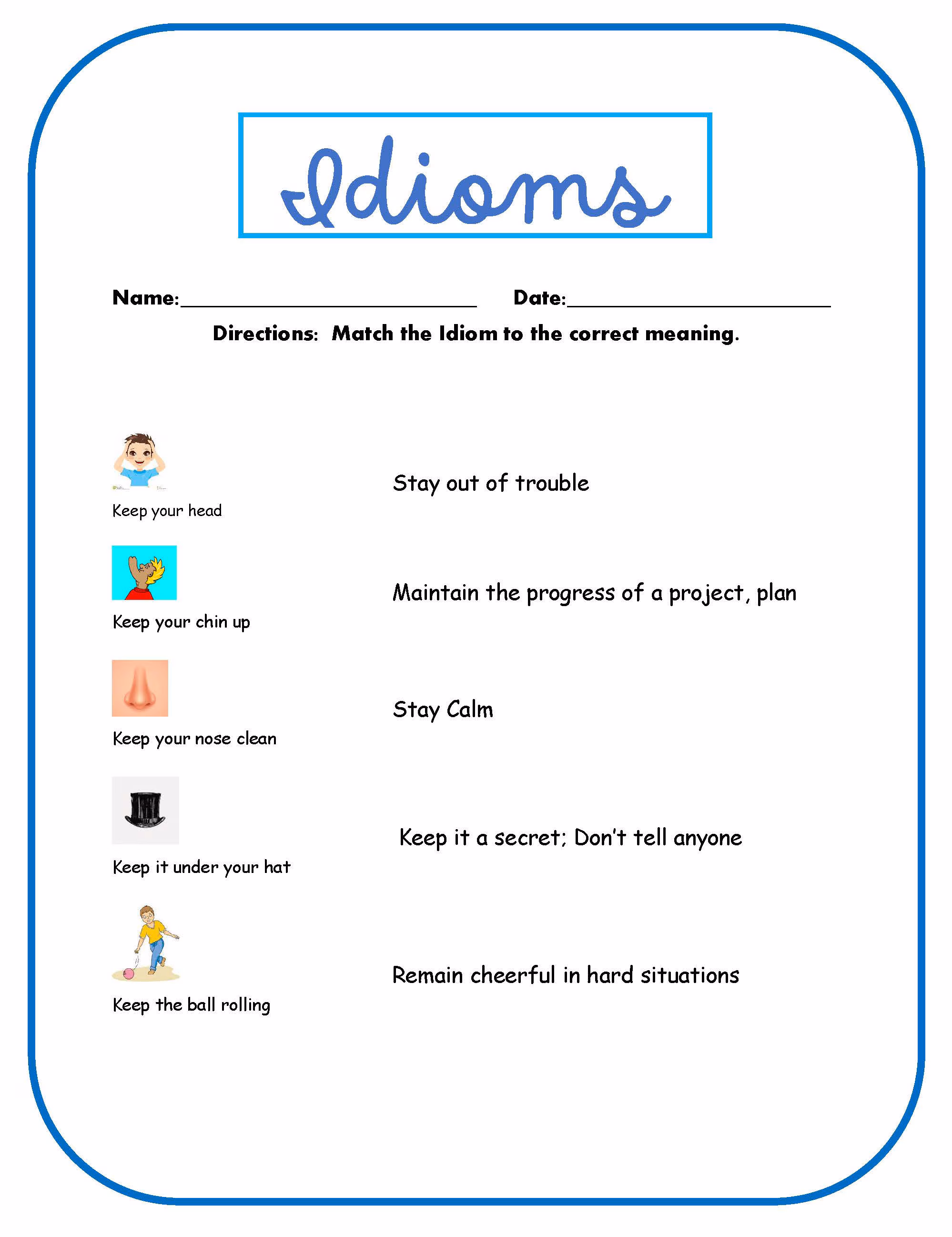 Second grade students completing a Mixed-Up Idioms worksheet by matching idioms to their meanings and drawing illustrations