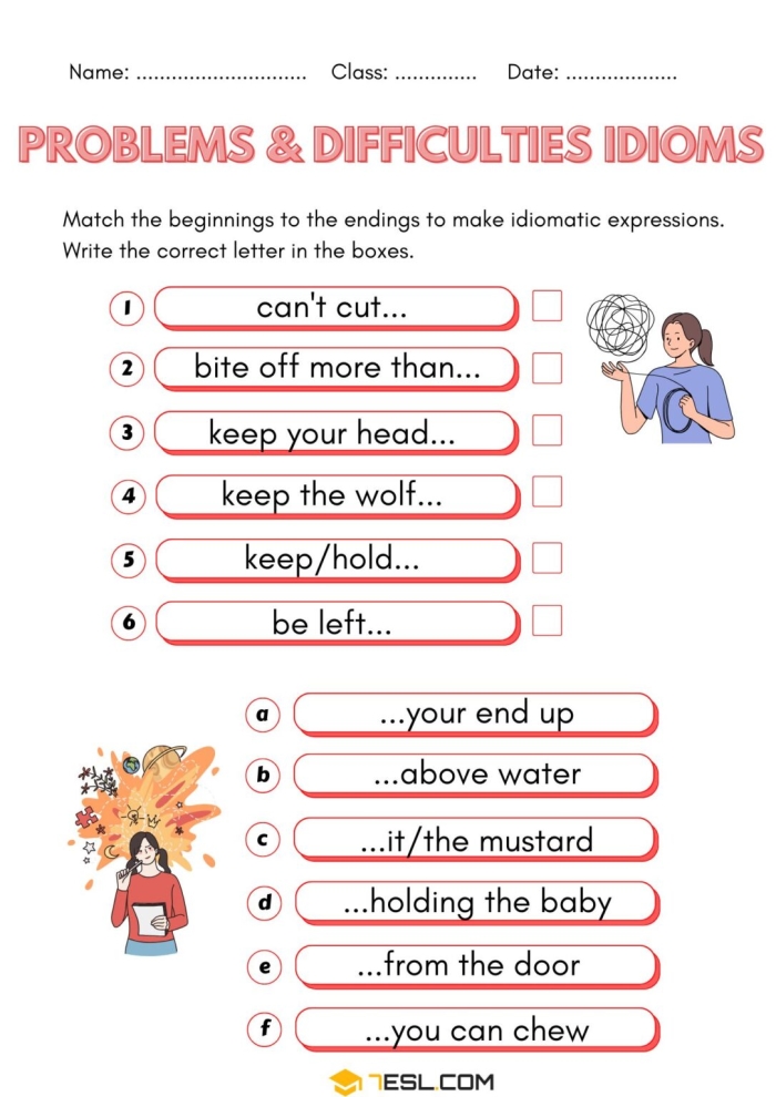 Second grade students completing a Mixed-Up Idioms worksheet by writing meanings and drawing illustrations