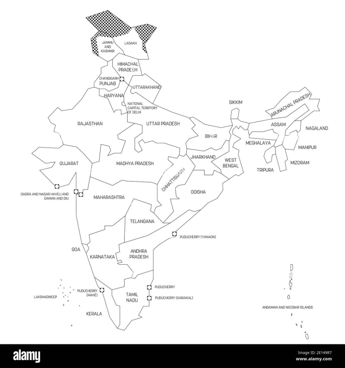 Map of India showing states, union territories, and their capitals for educational use
