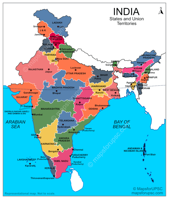 Map of India highlighting its states, union territories, and capitals for educational use
