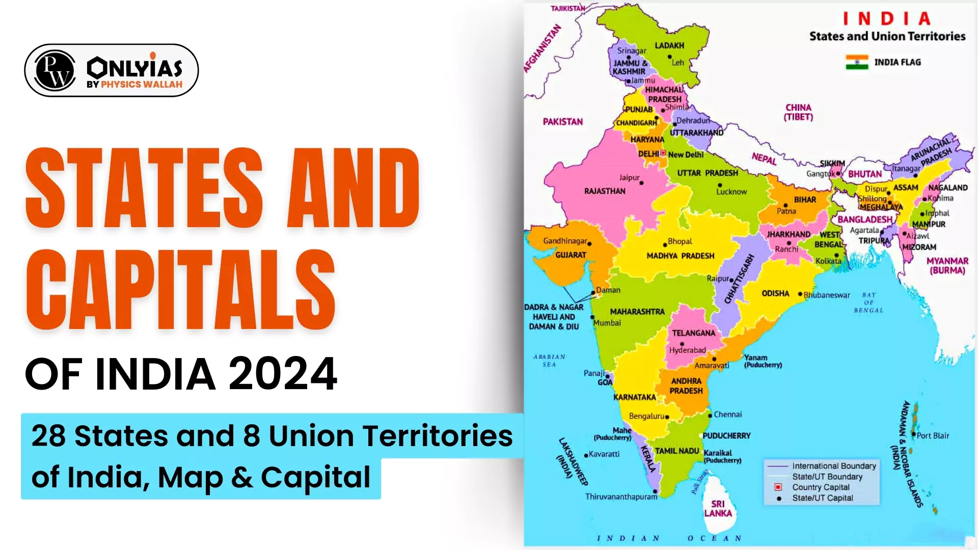 Map of India showing its states, union territories, and capitals for educational purposes