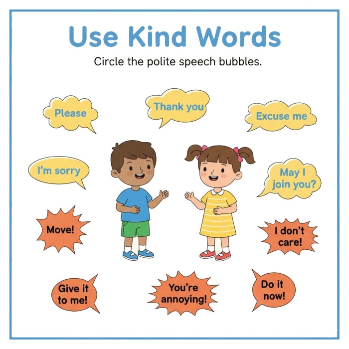 Illustration of students practicing kind words using a worksheet designed for second graders A second-grade student engaging with the How to Use Kind Words worksheet in a classroom setting