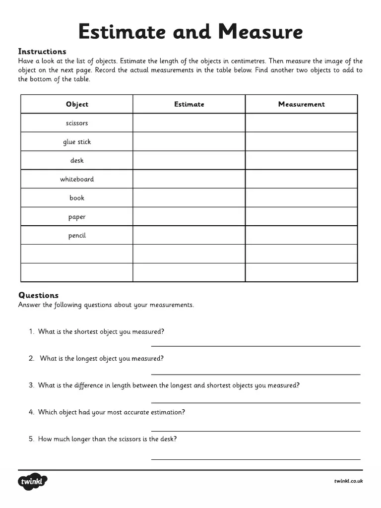 Worksheet featuring a ruler for estimating and comparing lengths of classroom objects