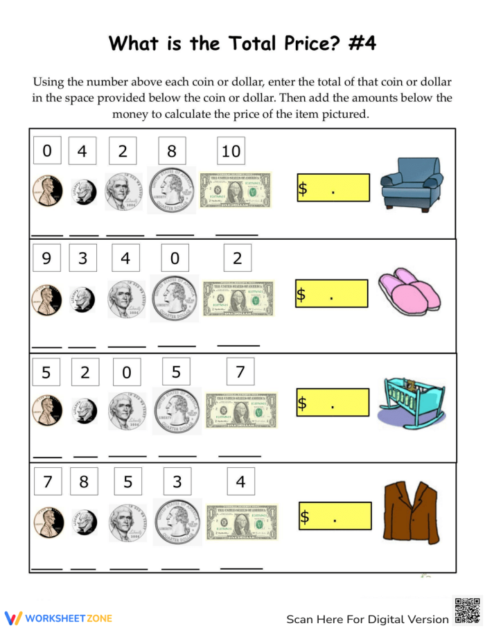 Adding Dollars and Coins: Calculate Item Prices Using Money Math Second grade student adding coins and dollars together to calculate the total cost of a jacket on a math worksheet