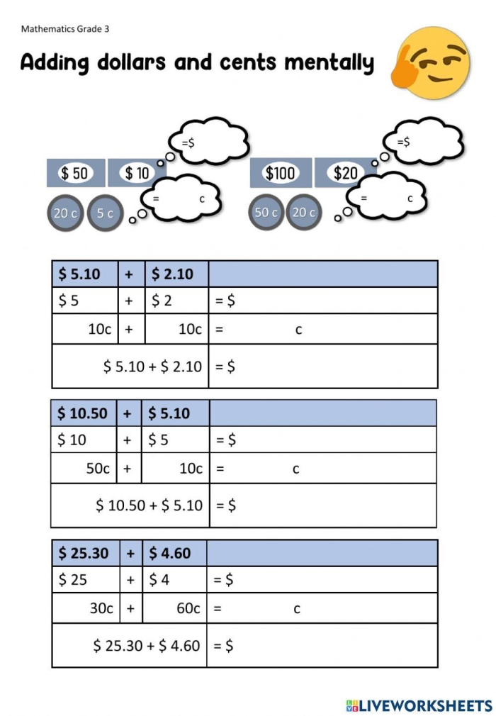 Adding Dollars and Coins Practice 24 Second grade student adding coins and dollar bills together to calculate the total cost of a jacket on a math worksheet