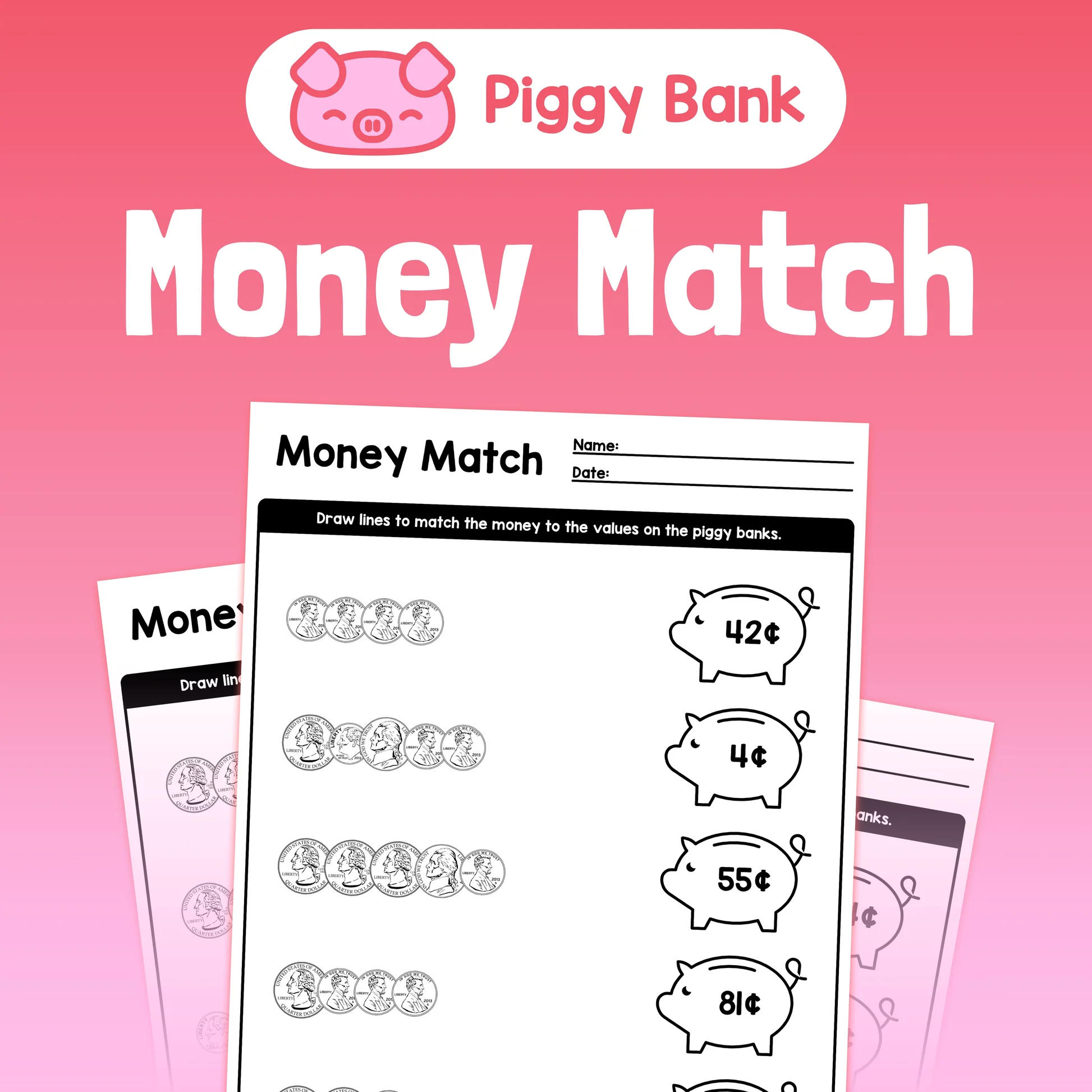 Second graders calculating the total money in various piggy banks for the Money Match worksheet