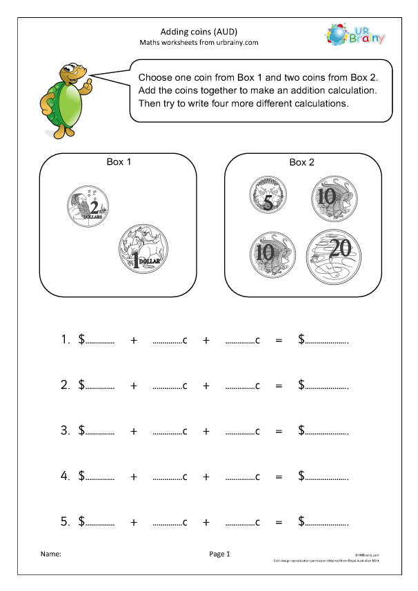 Adding Dollars and Coins Practice Problem 23 for Elementary Math Students Second grade math worksheet showing a jacket with coins and dollar bills to add together and calculate the total cost