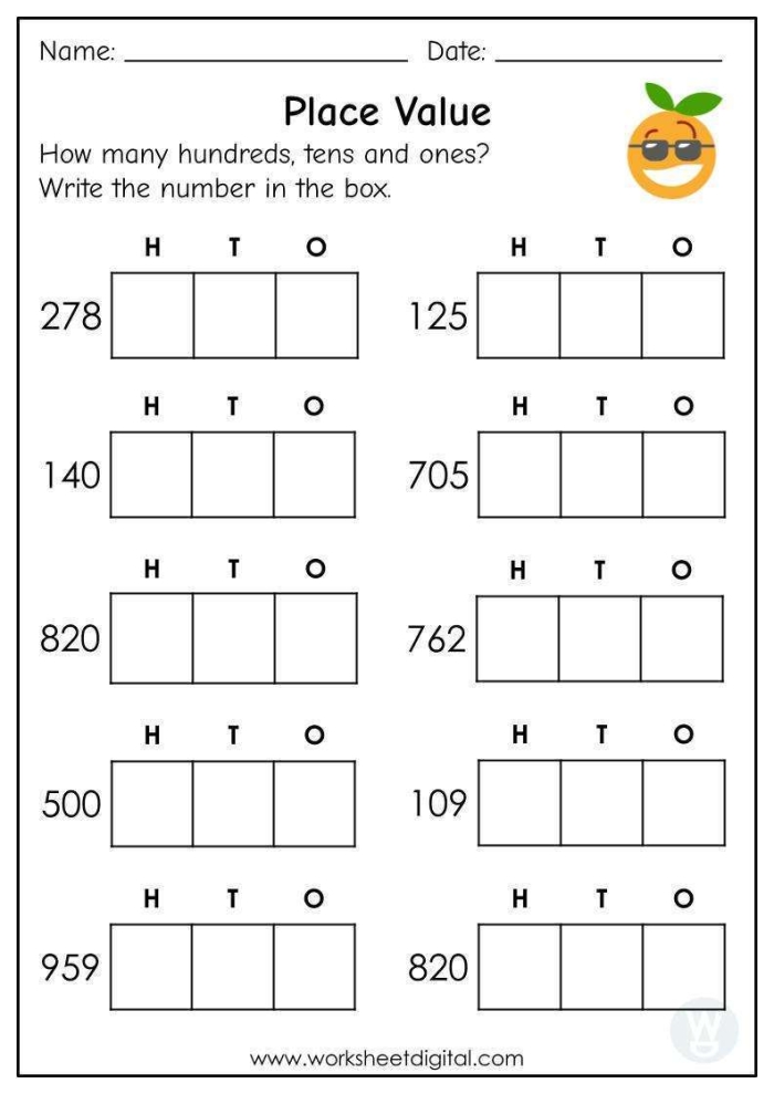 Second grade worksheet focusing on money and place value with hundreds, tens, and ones