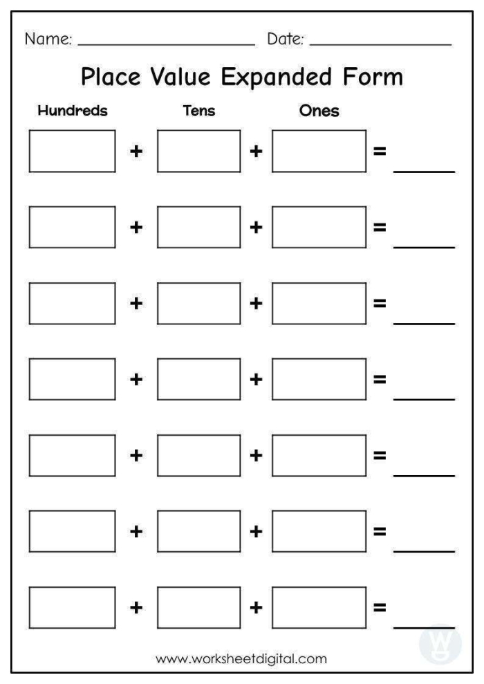 Second grade money and place value worksheet featuring hundreds, tens, and ones with U.S. bills