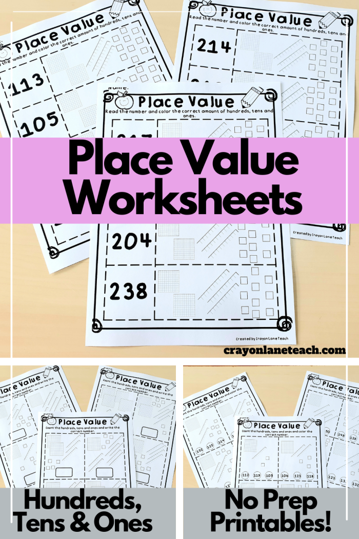 Second grade worksheet focusing on money and place value using hundreds, tens, and ones