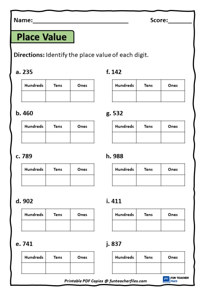 Second grade worksheet focusing on money and place value with hundreds, tens, and ones
