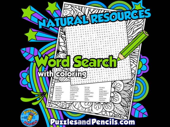 Natural Resources Word Search and Definition Worksheet for Second Grade Students Second Grade worksheet featuring a natural resources word search and vocabulary activity