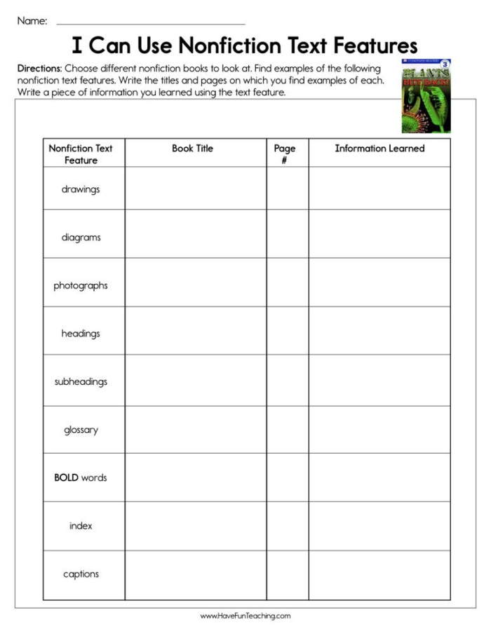 Illustration of a tree-themed worksheet for matching nonfiction text features aimed at second graders