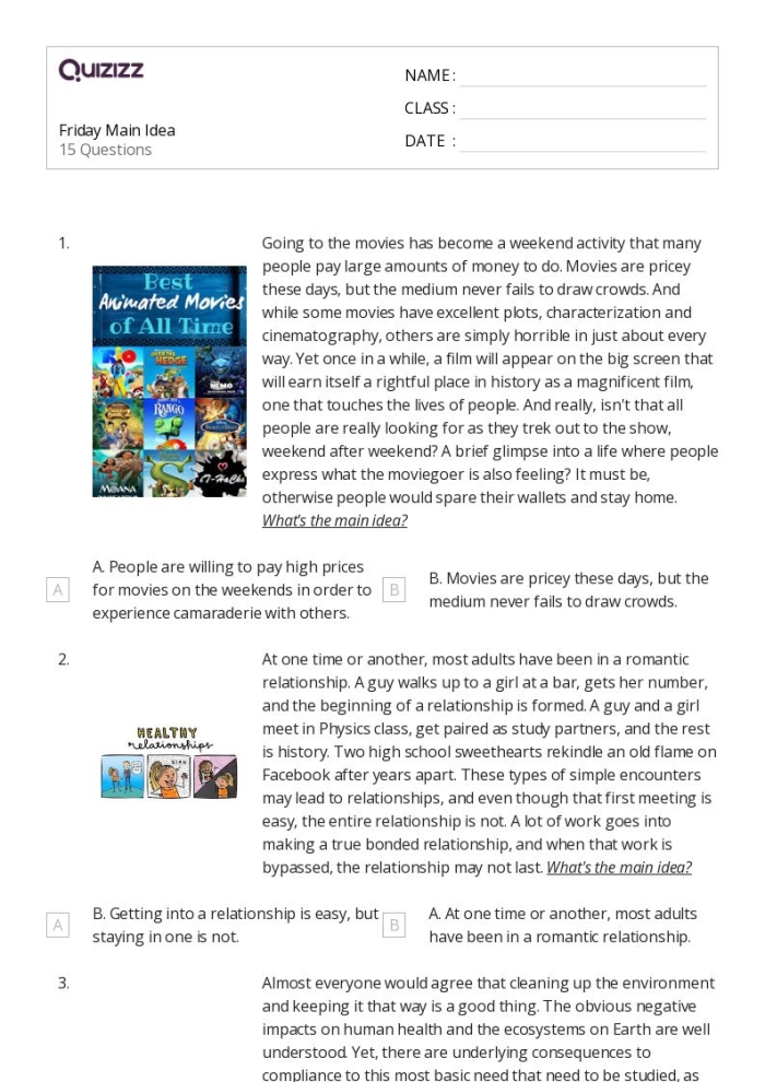 Worksheet for second graders on identifying topic and main idea in nonfiction texts