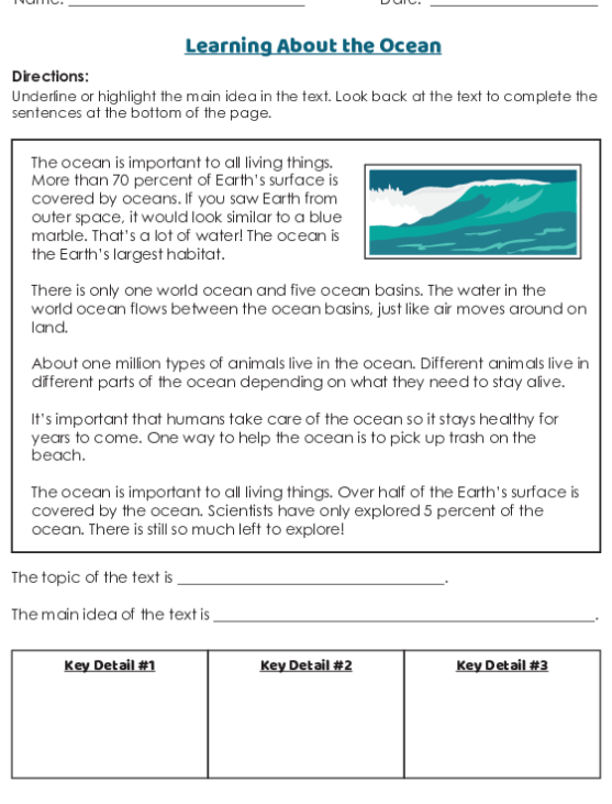 Worksheet for second graders to identify topic and main idea in nonfiction texts