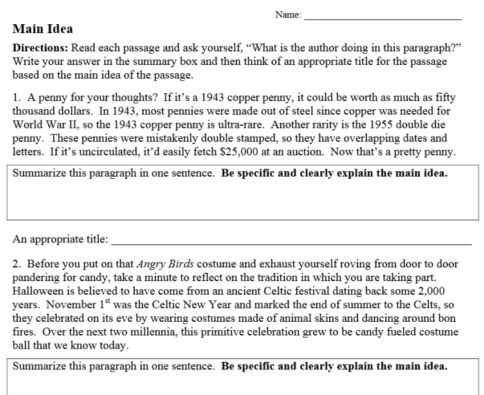 Worksheet for second graders to identify the topic and main idea in nonfiction texts