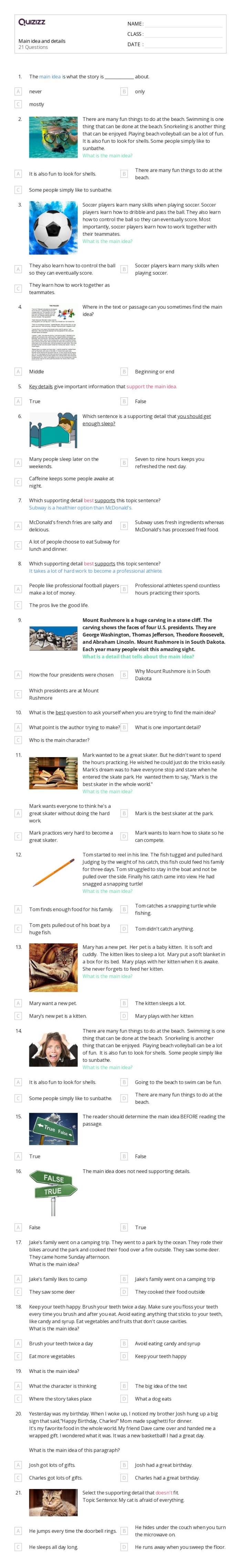 Worksheet for identifying topic and main idea in nonfiction texts for second graders