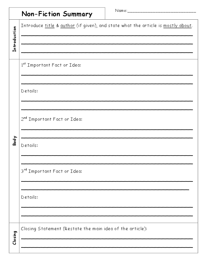 Nonfiction Text Summary Template Worksheet for Grade 2 Reading Comprehension Practice A second grade student worksheet with sections for writing the main topic, key details, and summary of a nonfiction text with illustration spaces