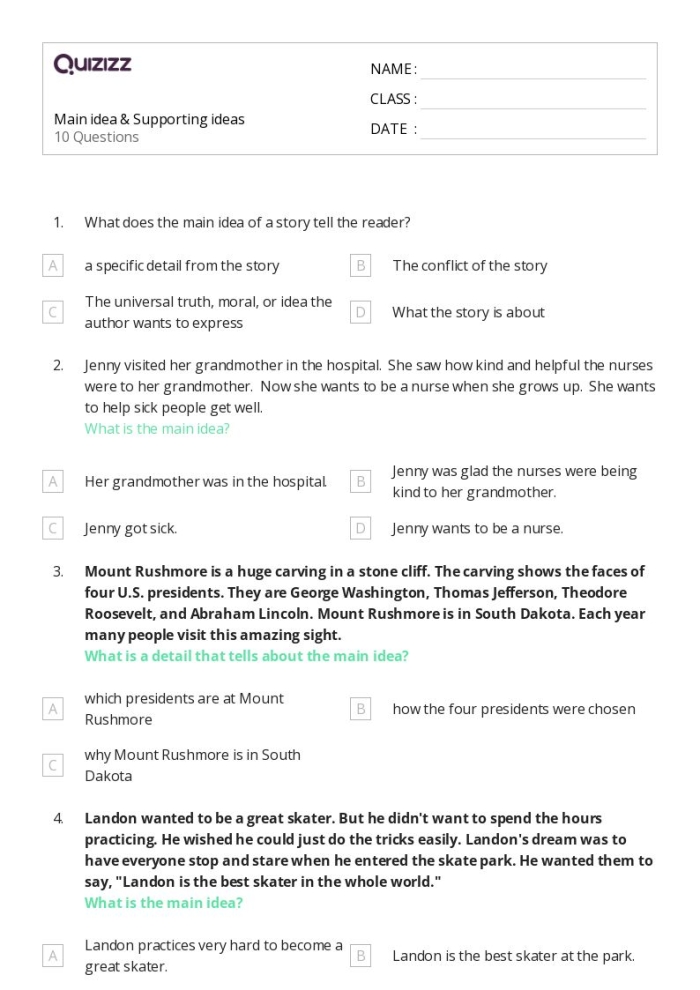 Worksheet for identifying the topic and main idea in nonfiction texts for second graders