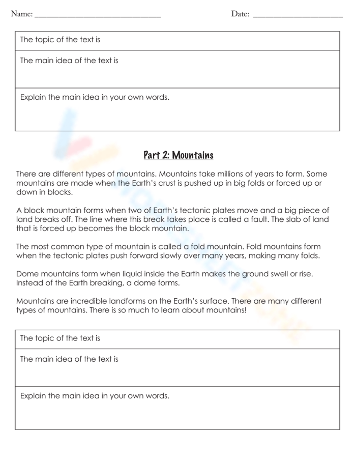 Worksheet for identifying topic and main idea in nonfiction texts for second graders