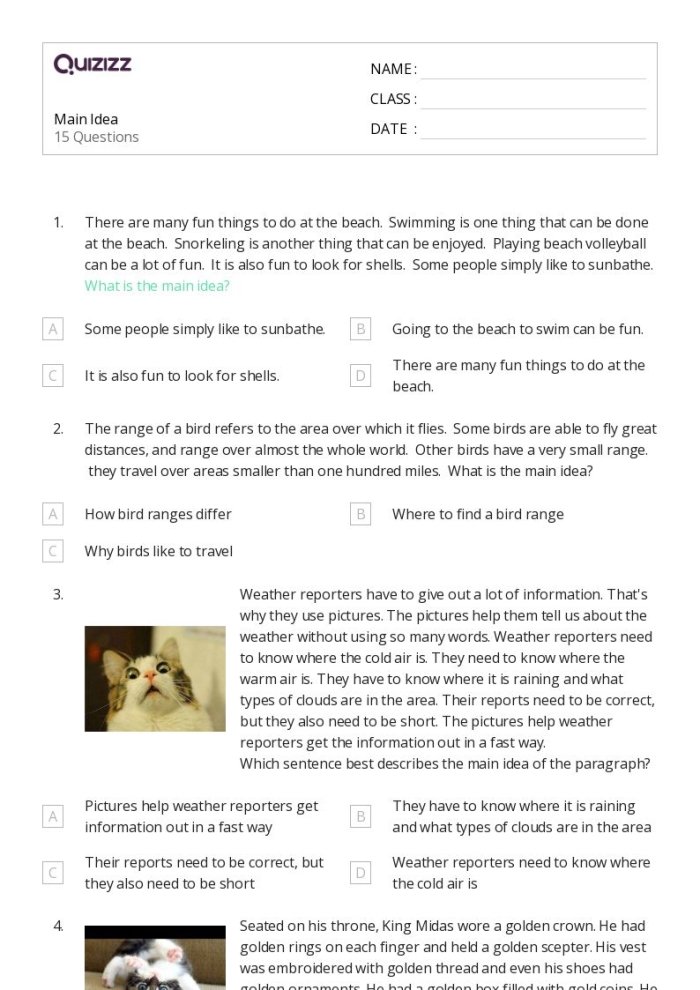 Worksheet for second graders on identifying the topic and main idea in nonfiction texts