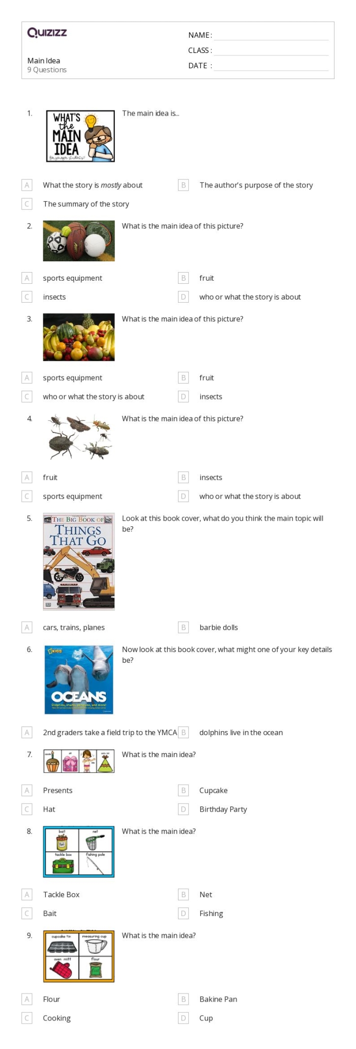 Worksheet for second graders on identifying the topic and main idea in nonfiction texts