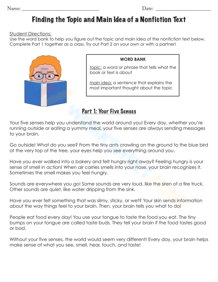 Worksheet for identifying topic and main idea in nonfiction texts for second graders