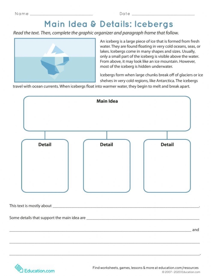 Worksheet for second graders focusing on identifying the topic and main idea in nonfiction texts