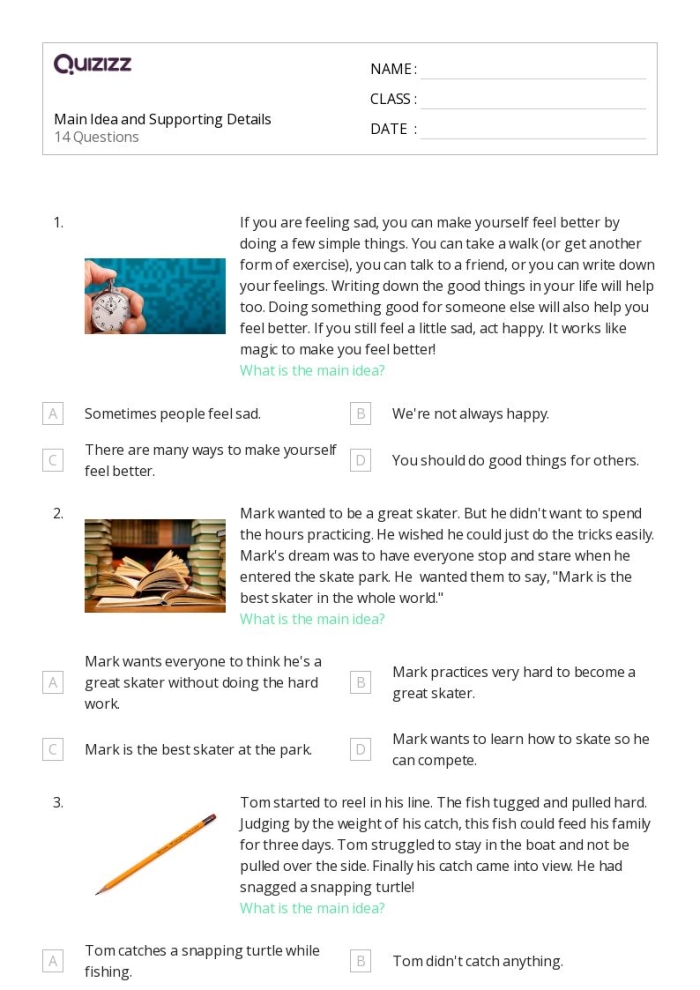 Worksheet for identifying topic and main idea in nonfiction texts for second graders