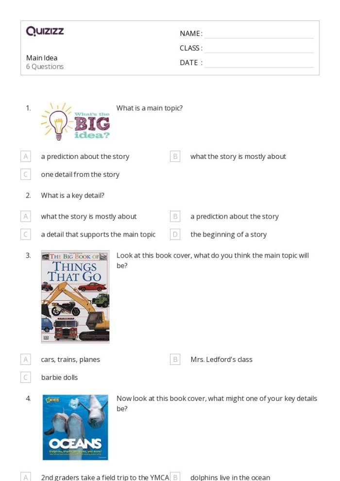 Second grade students working on a worksheet about identifying the topic and main idea in nonfiction texts