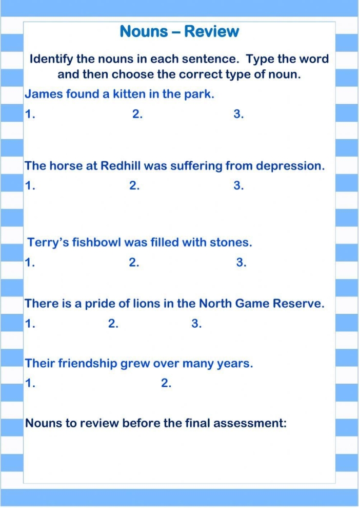 Second grade parts of speech noun exercise worksheet number 10 Colorful noun review worksheet for second grade reading practice
