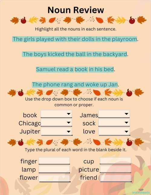 Second grade parts of speech activity focusing on nouns for young learners Colorful noun review worksheet for second grade reading practice