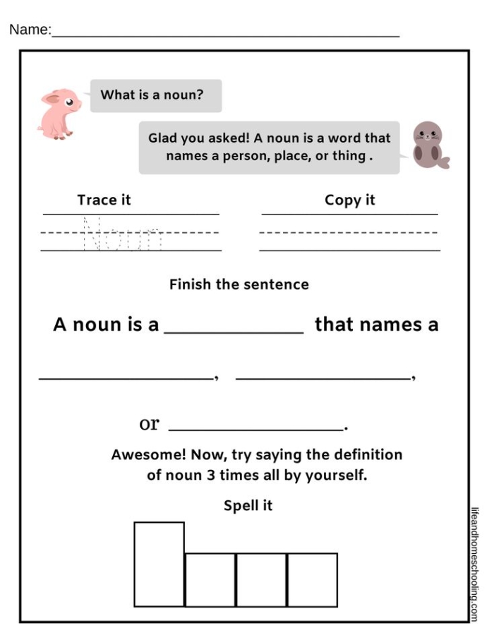 Engaging parts of speech worksheet for first and second graders, image 22 Colorful noun review worksheet for second grade reading practice