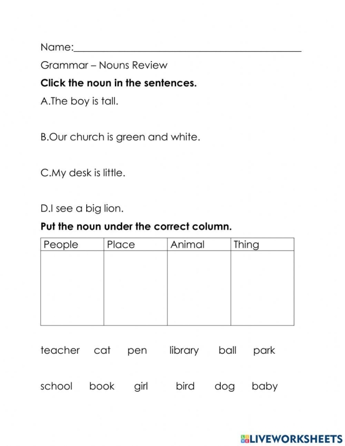 Engaging parts of speech exercise for young learners, worksheet image 3 Colorful noun review worksheet for second grade reading practice