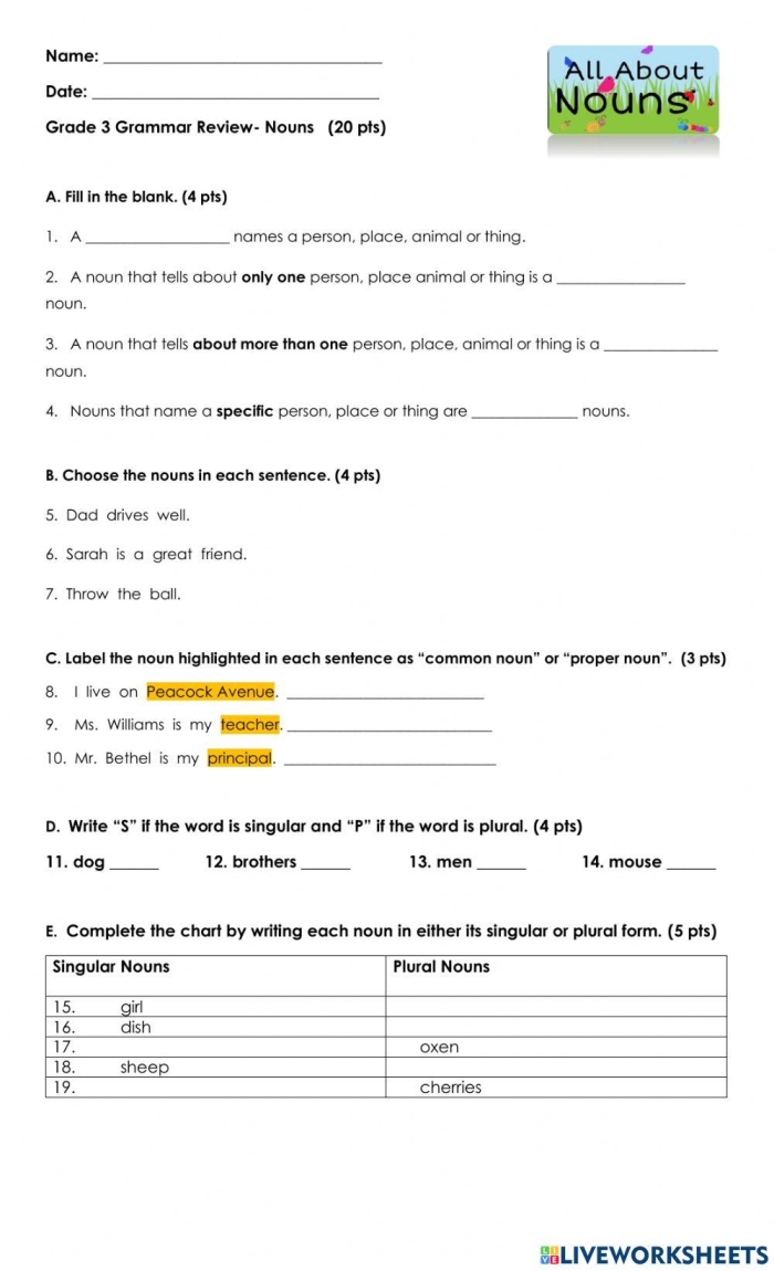 Engaging parts of speech activity for 1st and 2nd grade students on nouns Colorful noun review worksheet for second graders with simple exercises