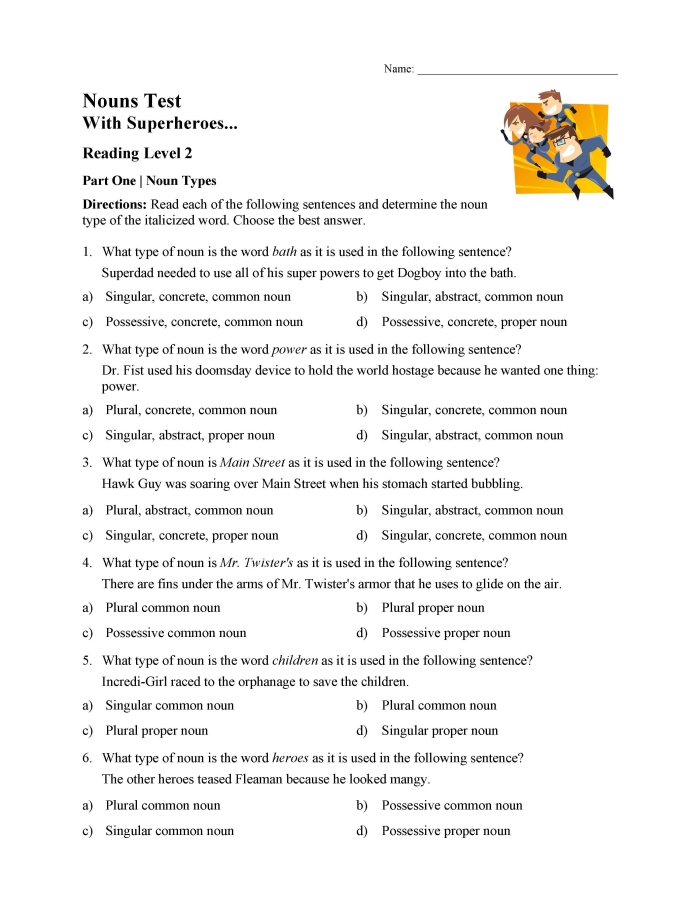 Engaging noun worksheet for young learners in grade two to reinforce reading skills and grammar concepts Colorful noun review worksheet for second grade reading practice with parts of speech activities