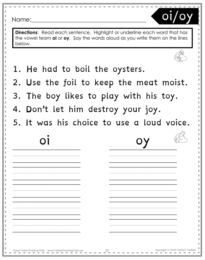 OY diphthong spelling practice for young learners in grade two Second grade students completing a vowel diphthongs OY phonics worksheet