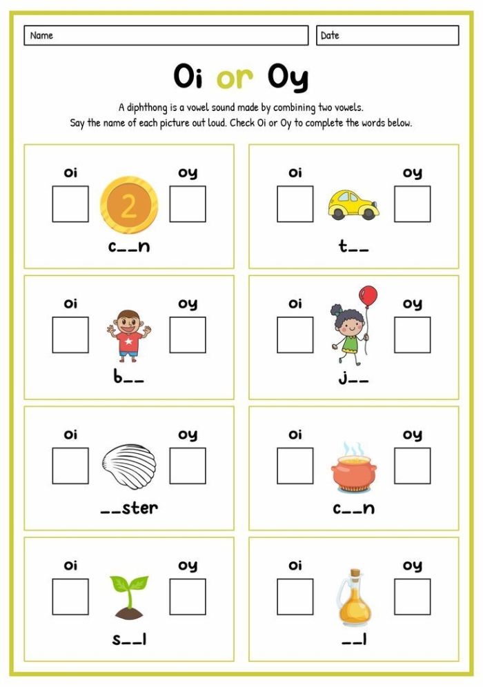 Engaging OY diphthong phonics activity for second graders worksheet 12 Second grade students practicing the OY vowel diphthong on a colorful worksheet