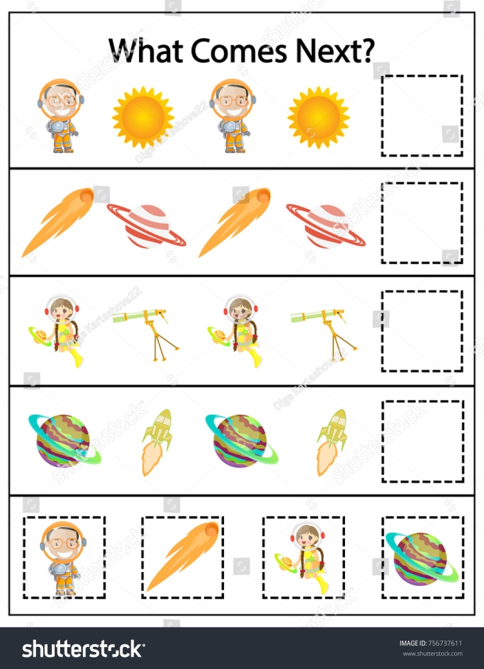 Logical reasoning exercise from Geometric Patterns: What Comes Next? worksheet for young learners Second Grade worksheet showing a sequence of shapes to complete the geometric pattern puzzle