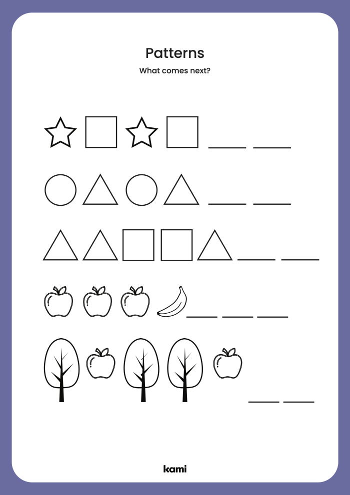 Geometric Patterns: What Comes Next? activity sheet for number and pattern recognition 23 Second Grade geometric patterns worksheet for completing sequences and enhancing logical thinking