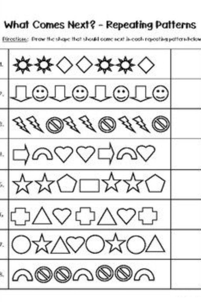 Logical reasoning practice with geometric sequence worksheet for second graders, image 22 Second Grade Geometric Patterns worksheet featuring a complete-the-pattern puzzle for logical reasoning