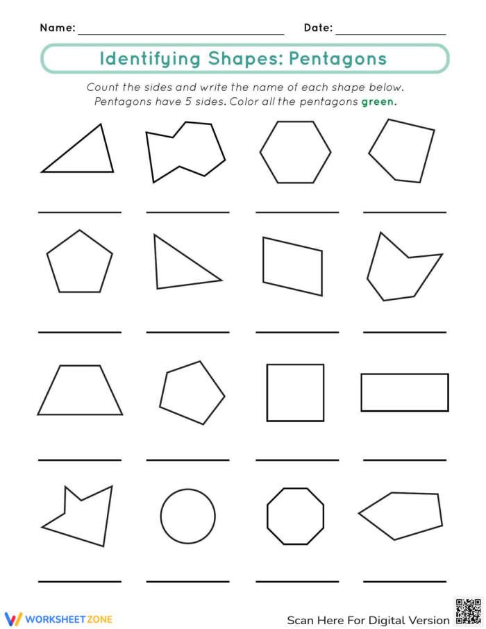 Engaging pentagon identification activity for young learners in geometry Worksheet for identifying pentagons among various 2-D shapes for second graders