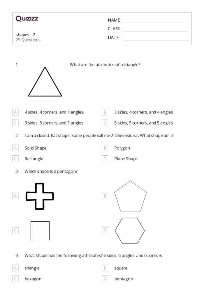 Identifying Shapes: Pentagons practice worksheet for second graders Worksheet featuring various 2-D shapes for identifying pentagons in a second-grade geometry activity
