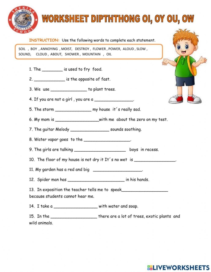 OY diphthong spelling activity for second graders on worksheet number 7 Second grade students practicing the OY vowel diphthong in a phonics worksheet