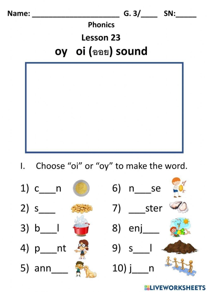 OY diphthong practice worksheet for second grade learners on phonics and spelling skills, image 23 Second graders completing a phonics worksheet focused on the OY diphthong to improve spelling and vocabulary