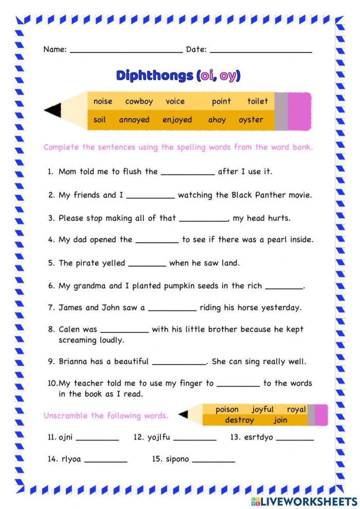 Engaging second grader practicing OY diphthong sounds with worksheet number six Second grade student completing a vowel diphthongs OY worksheet focused on phonics and spelling