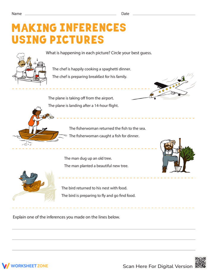 Reading worksheet for Second Grade Kids analyzing pictures to determine the best descriptive statement in the Making Inferences with Pictures worksheet. Engaging second-grade literacy activity focused on logic and reasoning skills.