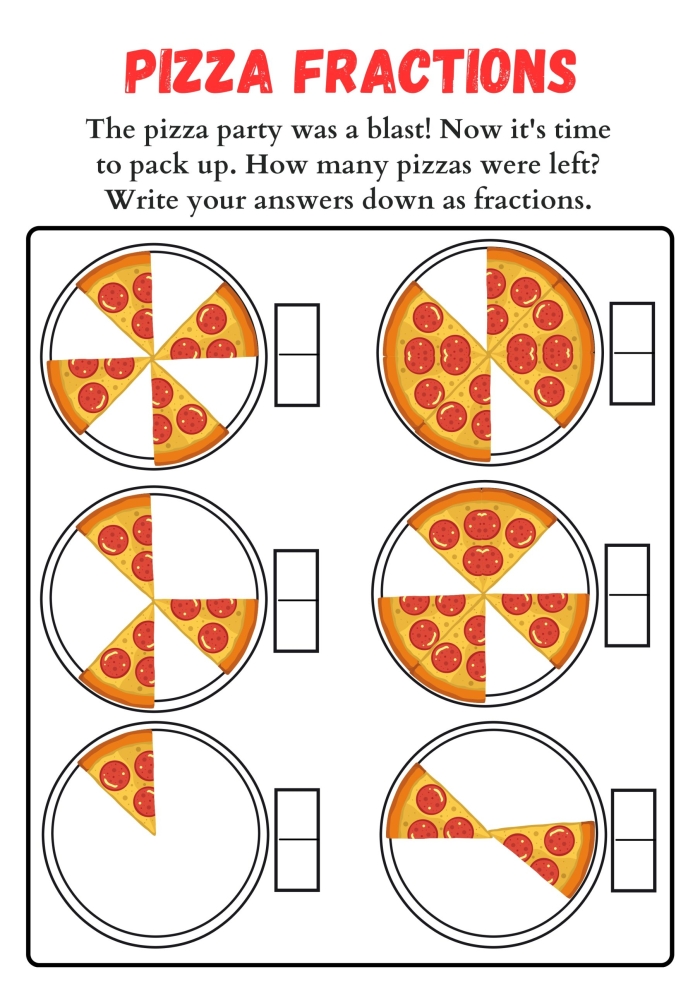 Fraction Math: Pizza Time! worksheet for second grade students A colorful worksheet for second graders practicing fractions with pizza orders