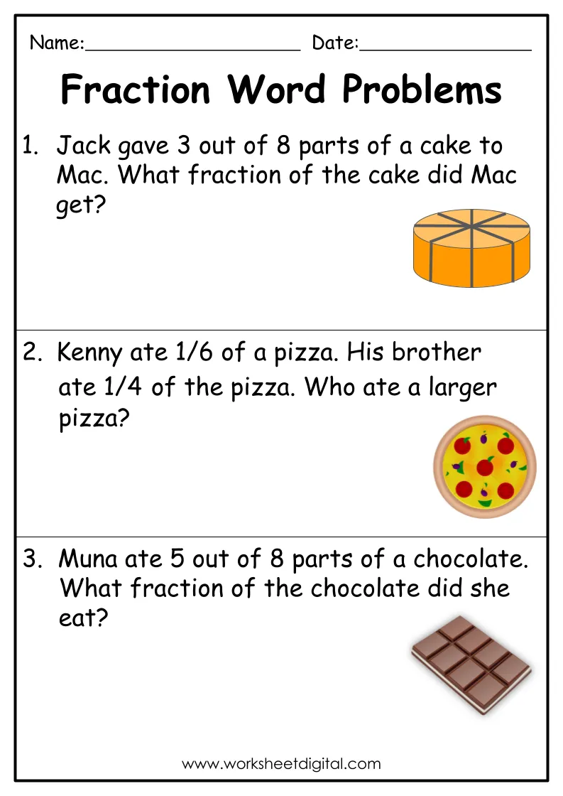 Fraction Math: Pizza Time! Worksheet for Second Graders Second grade worksheet featuring a fun pizza-themed fraction math exercise