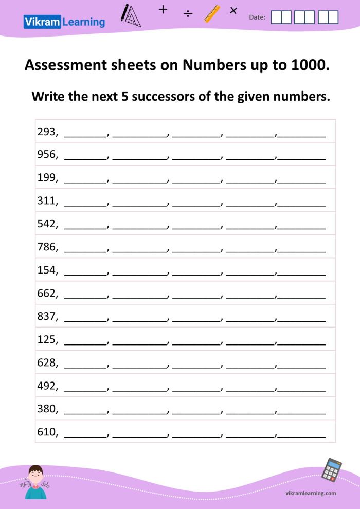 Numbers to 1,000 Check-in Assessment Tool for Second Grade Math Second grade math worksheet showing counting exercises for numbers up to 1,000 with place value practice for ones, tens, and hundreds